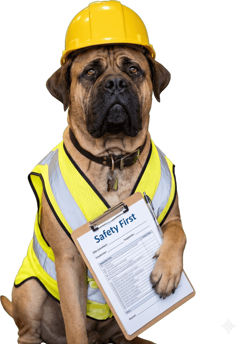 Zeus in a hard hat and safety vest holding a Safety First clipboard